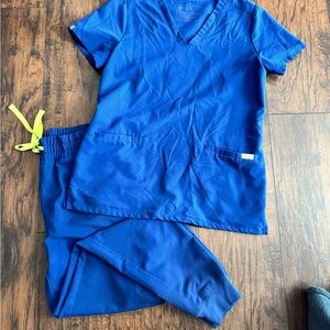 Figs Electric Blue Scrub Set with Lime Accents